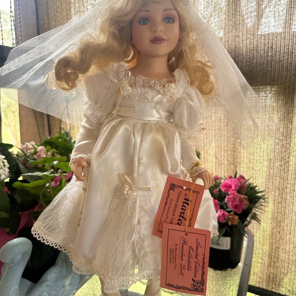 Porcelain Bride Doll in White Satin Dress with Veil - Collector Toy